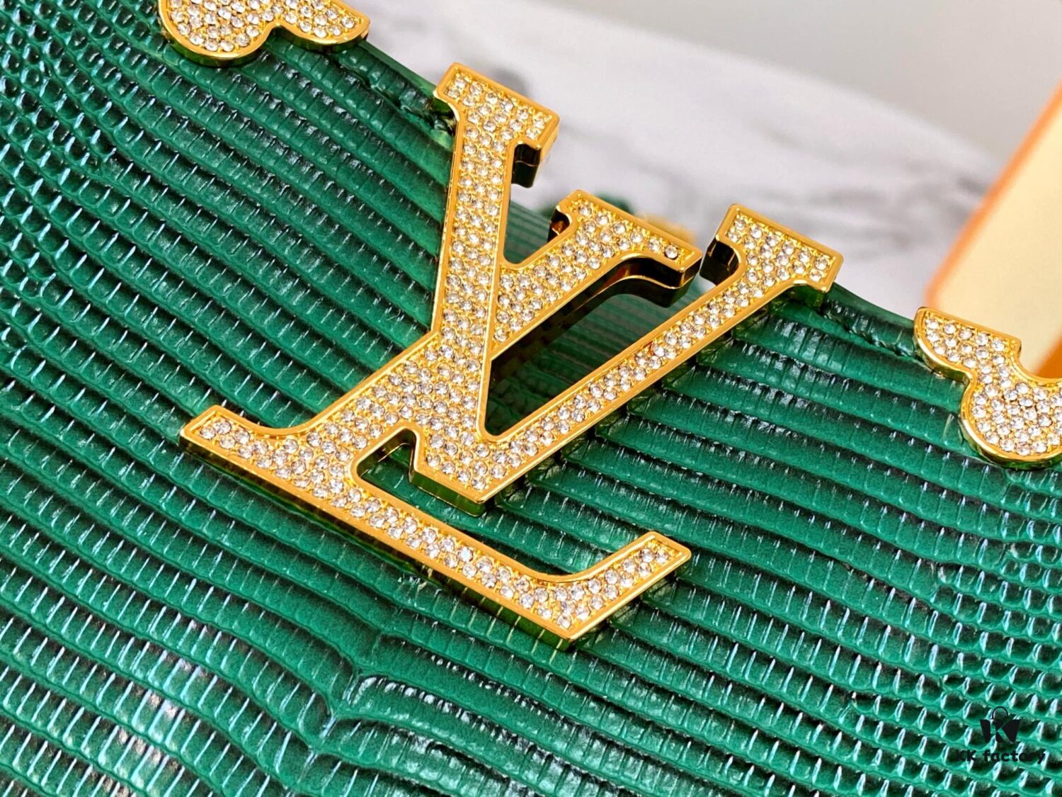 69307d626e68136f4d9a7207 Top-Grade Original Guangzhou Stock M12297 Green Lizard Skin with Gold Diamond Crown Triangle Capucines BB Bag