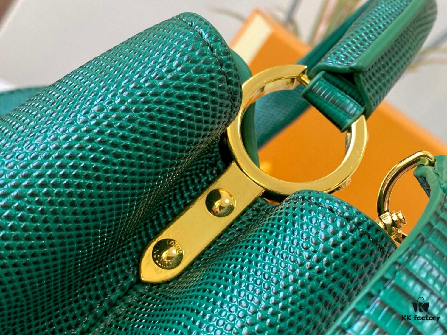 69307d626e68136f4d9a7209 Top-Grade Original Guangzhou Stock M12297 Green Lizard Skin with Gold Diamond Crown Triangle Capucines BB Bag