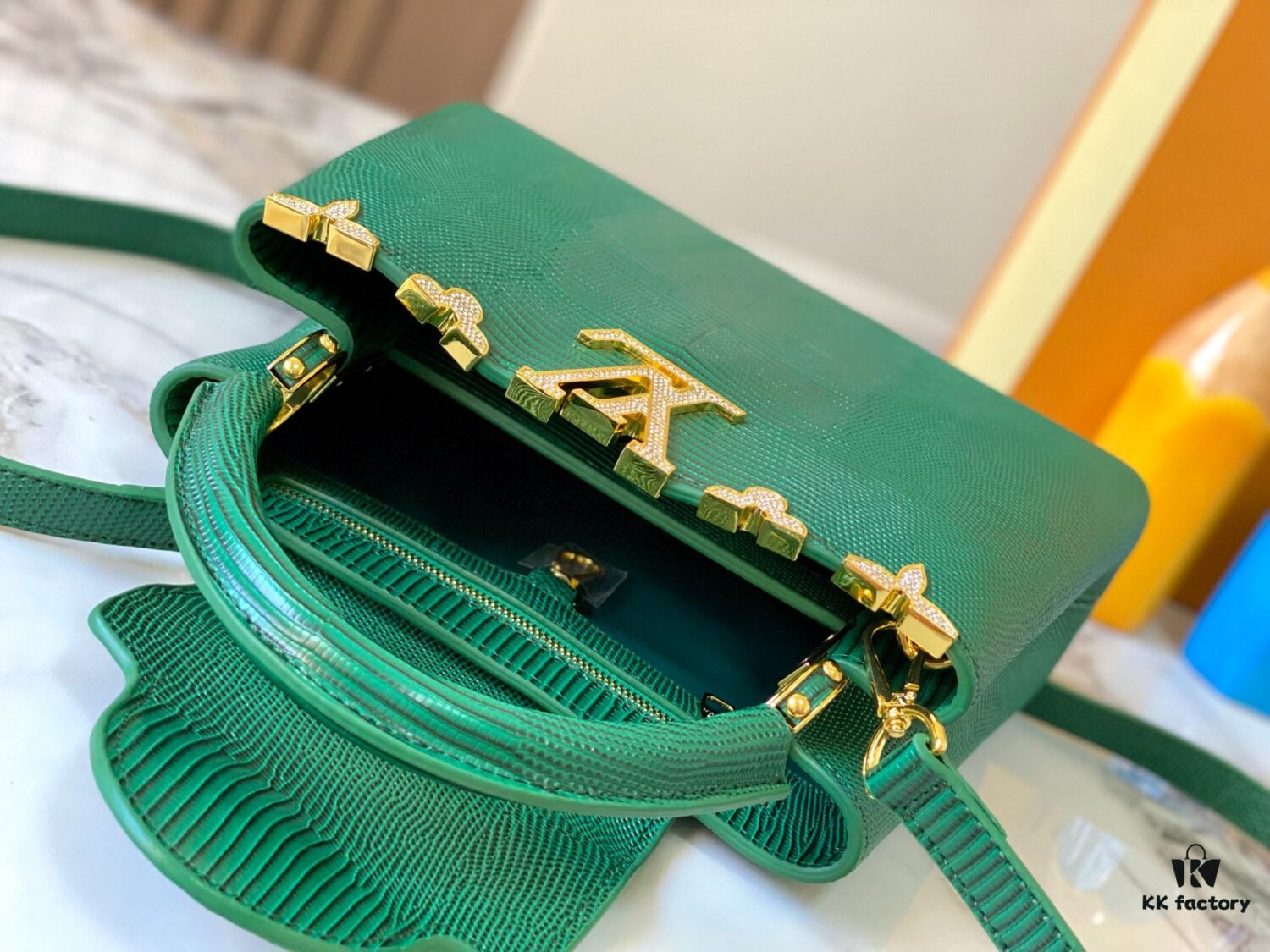 69307d646e68136f4d9a720a Top-Grade Original Guangzhou Stock M12297 Green Lizard Skin with Gold Diamond Crown Triangle Capucines BB Bag