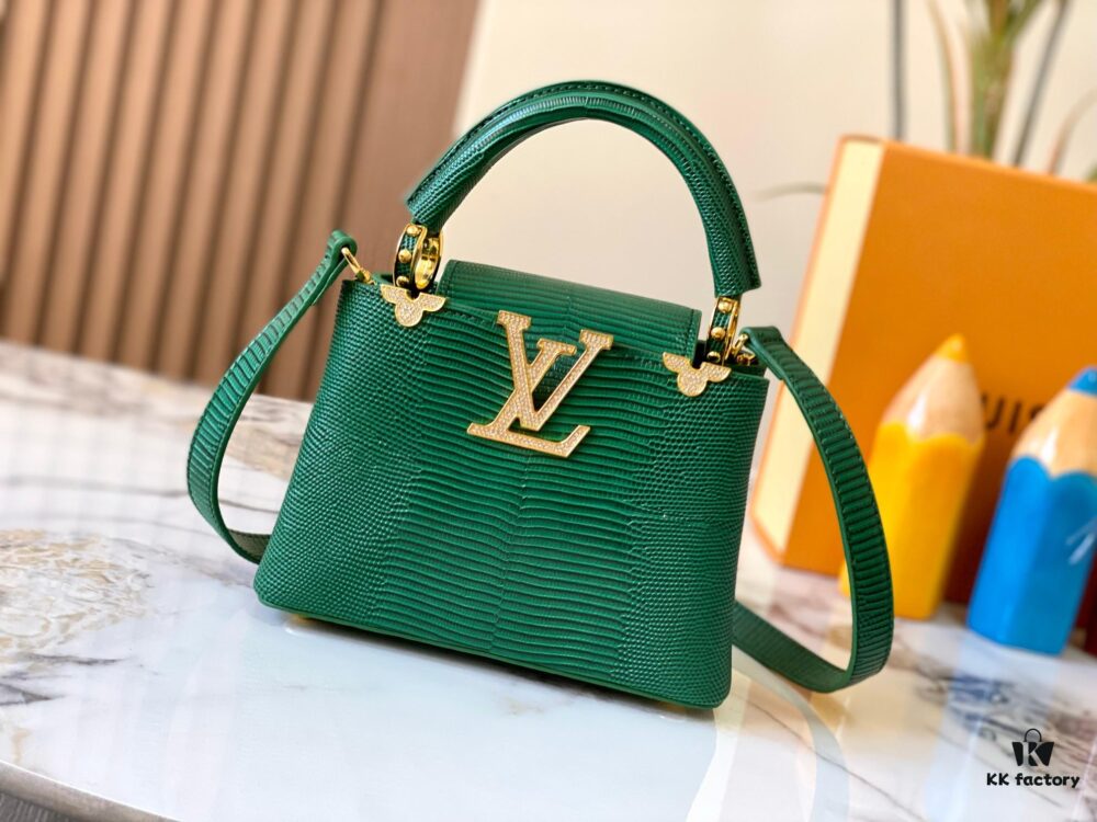 69307d656e68136f4d9a720d Top Quality Original Guangzhou Stock M12296 Green Lizard Skin with Golden Diamond Crown 🔺 This Capucines Mini Bag Features Luxurious Lizard Leather Over Soft Lambskin Lining, Accented with Brilliant Metallic Hardware