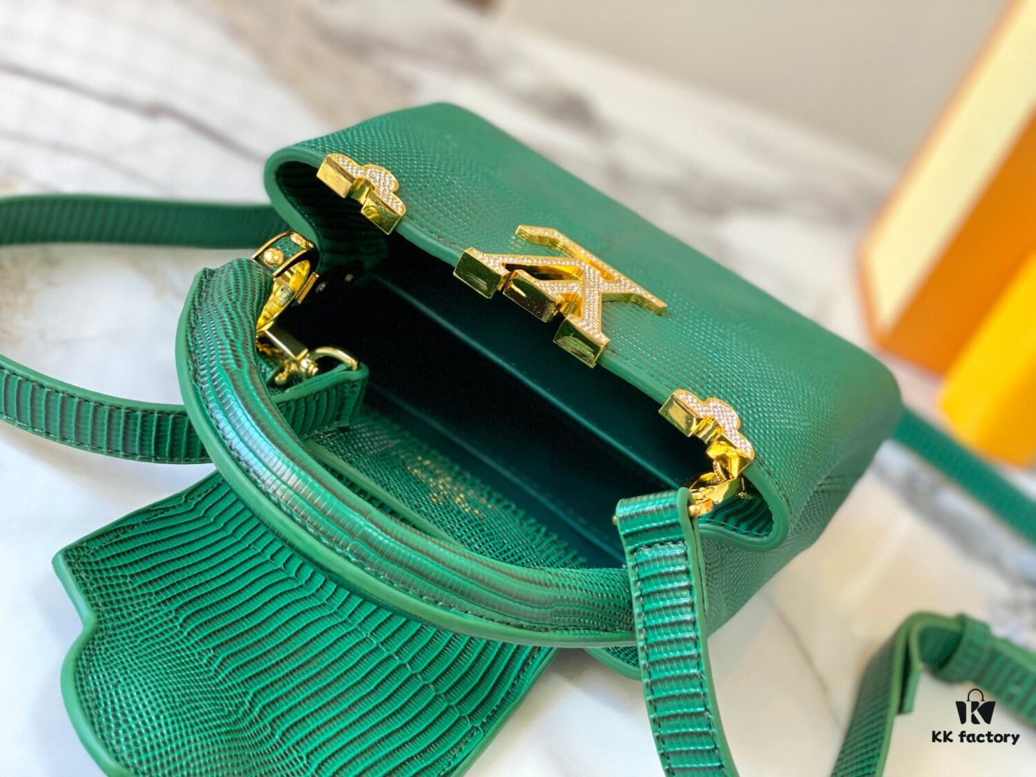 69307d6a6e68136f4d9a7212 Top Quality Original Guangzhou Stock M12296 Green Lizard Skin with Golden Diamond Crown 🔺 This Capucines Mini Bag Features Luxurious Lizard Leather Over Soft Lambskin Lining, Accented with Brilliant Metallic Hardware