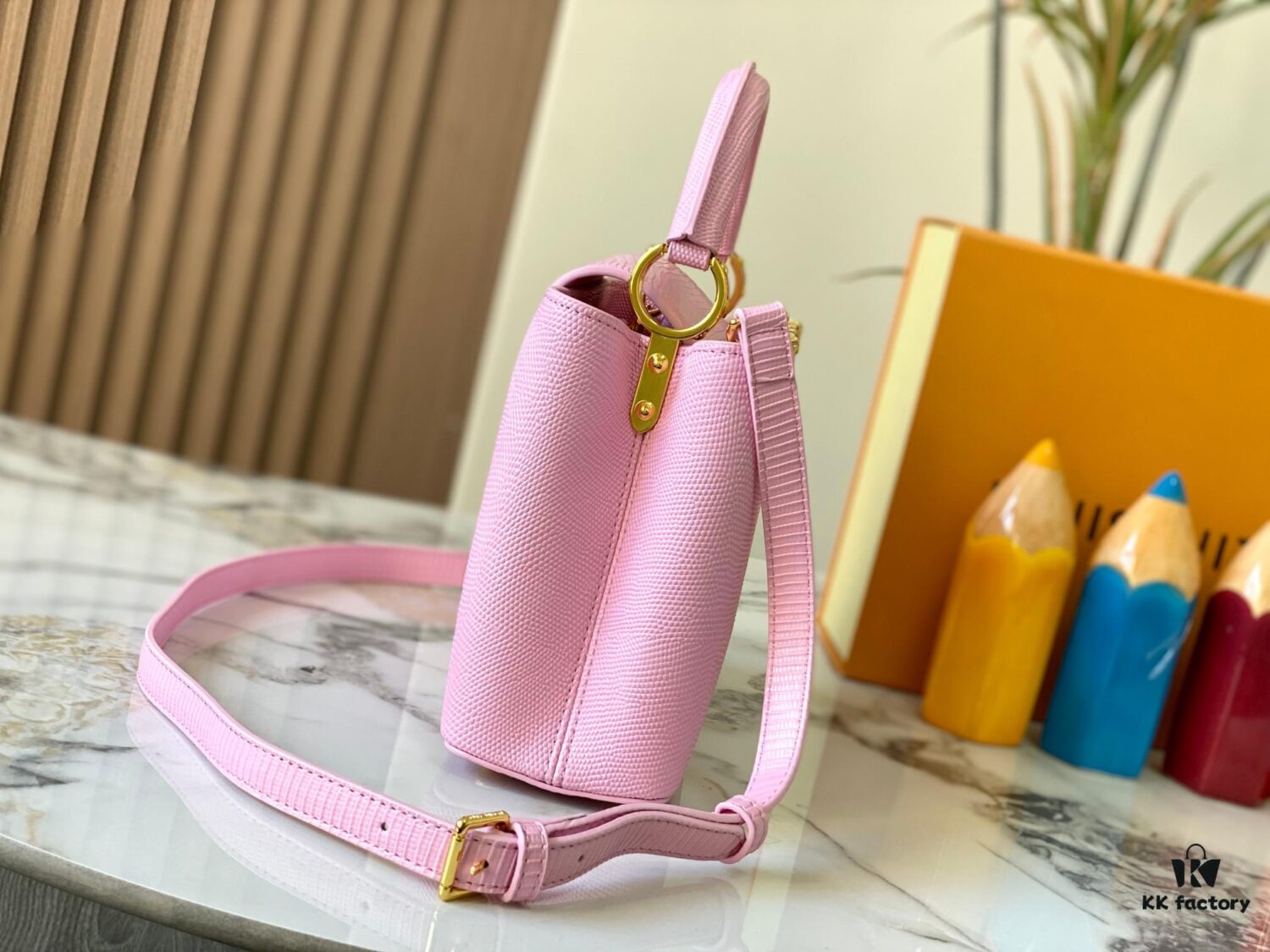 69307d786e68136f4d9a7226 Top-Quality Original Guangzhou Stock M12297 Pink Lizard Skin with Gold-Tone Crown Triangle Capucines BB Bag
