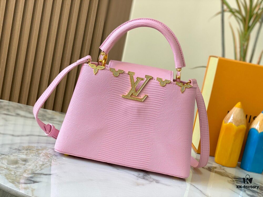 69307d786e68136f4d9a7227 Top-Quality Original Guangzhou Stock M12297 Pink Lizard Skin with Gold-Tone Crown Triangle Capucines BB Bag