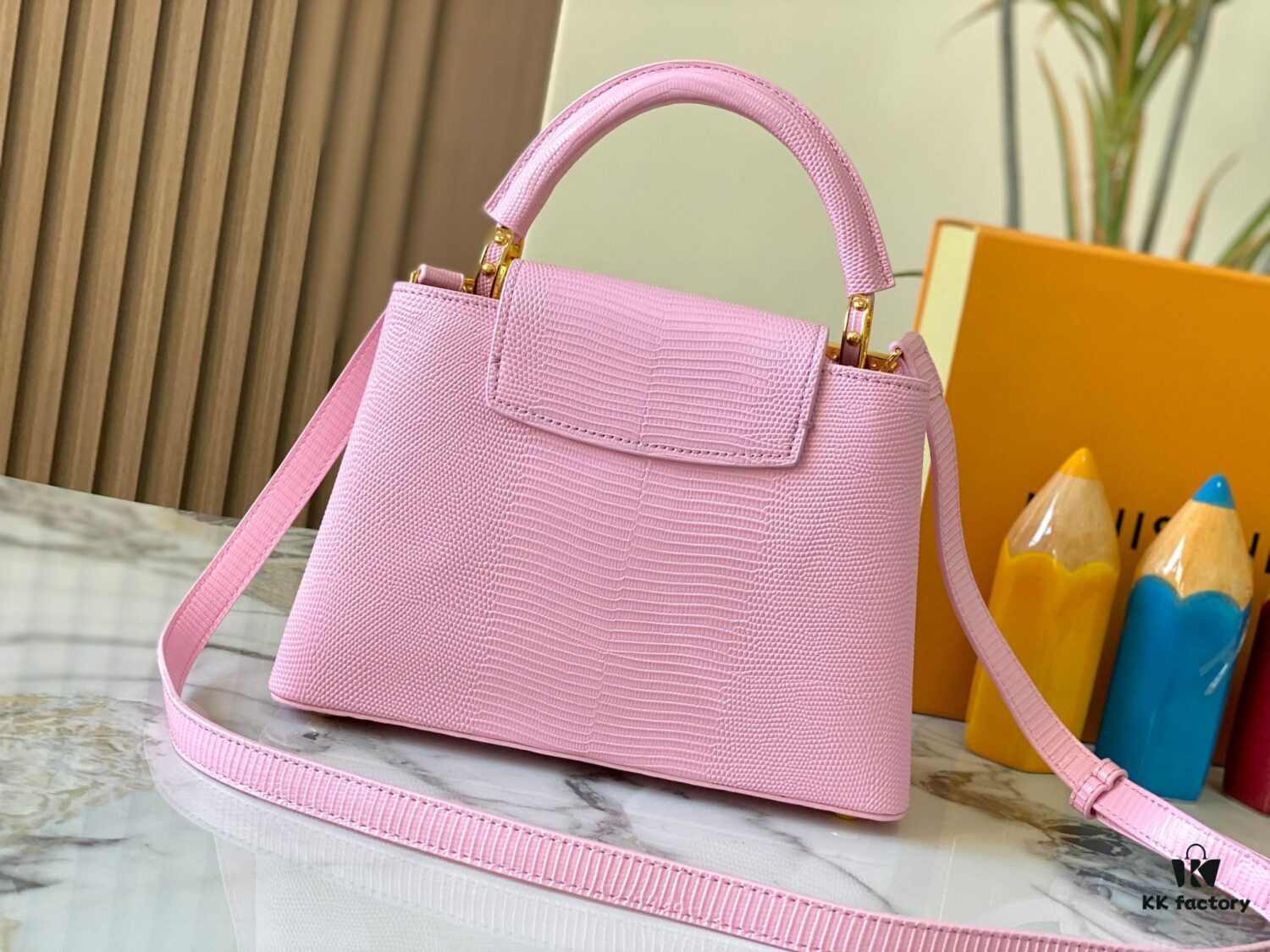 69307d786e68136f4d9a7228 Top-Quality Original Guangzhou Stock M12297 Pink Lizard Skin with Gold-Tone Crown Triangle Capucines BB Bag
