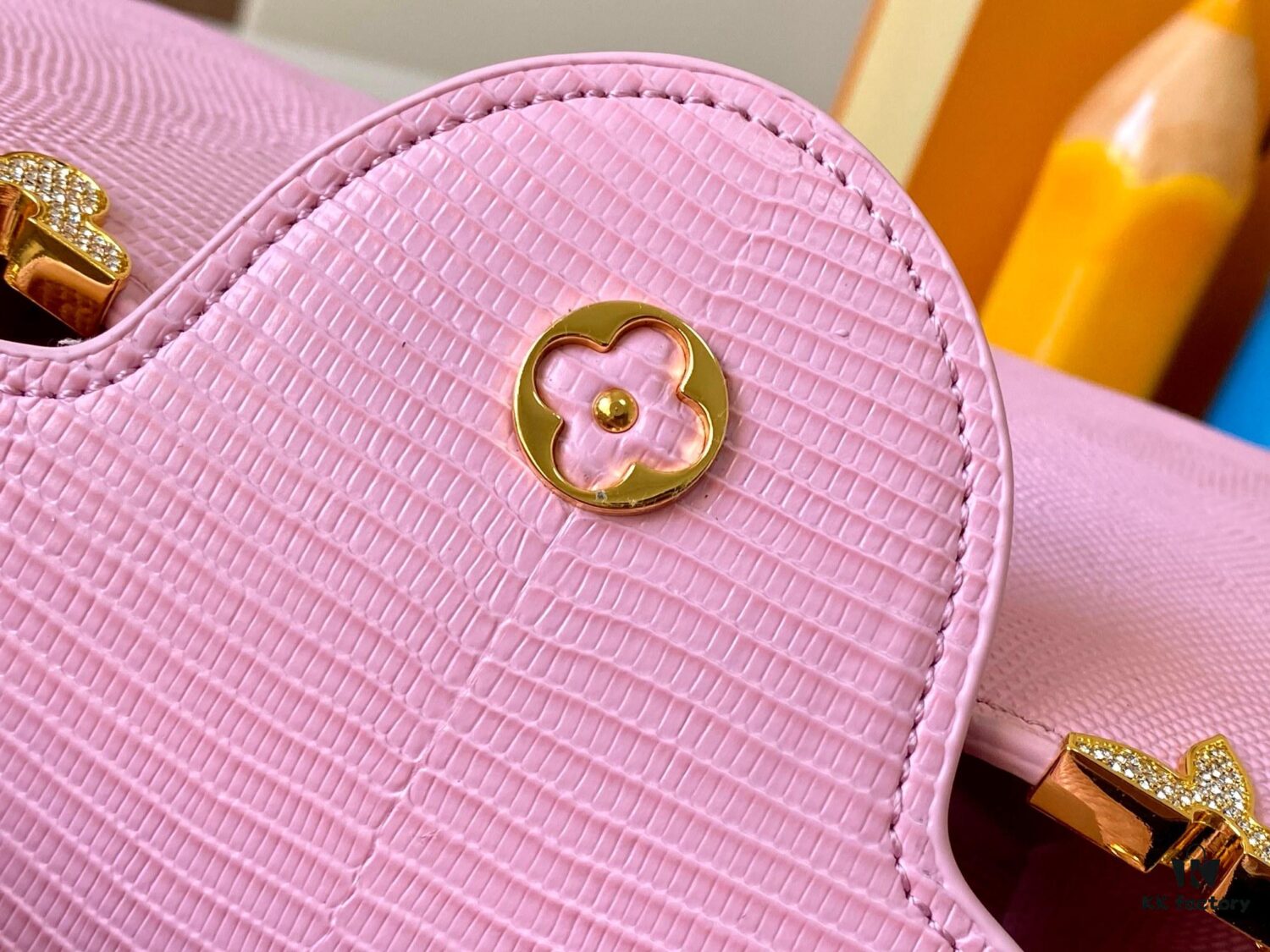 69307d7e6e68136f4d9a722d Top-Quality Original Guangzhou Stock M12297 Pink Lizard Skin with Gold-Tone Crown Triangle Capucines BB Bag