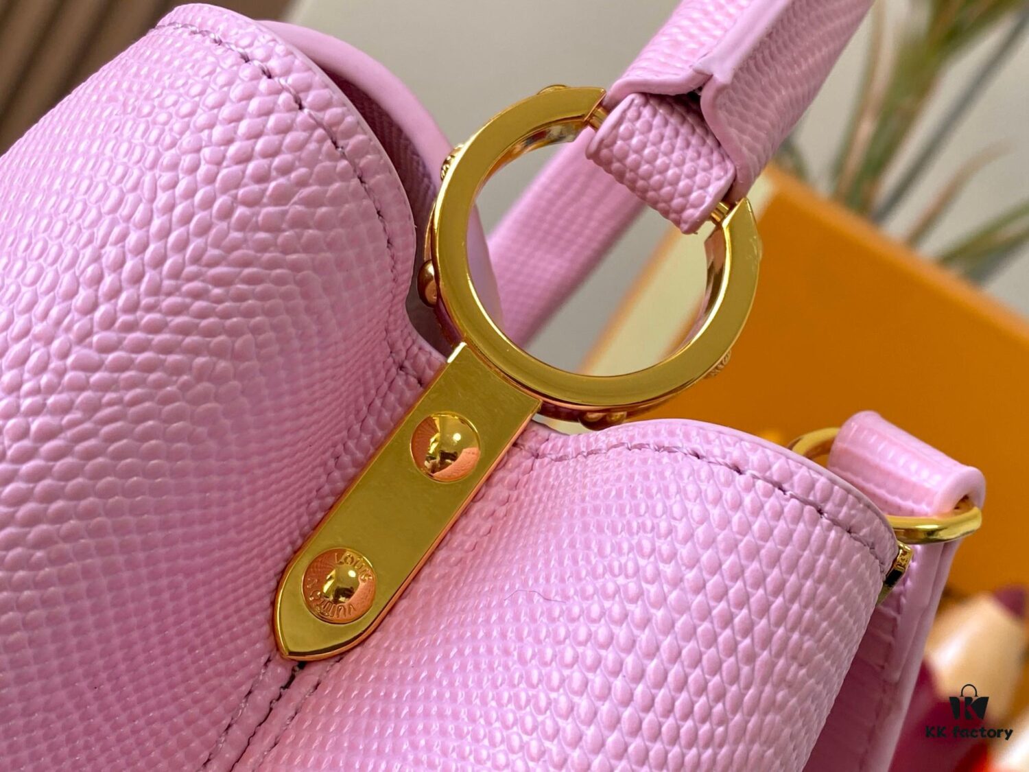 69307d7e6e68136f4d9a722f Top-Quality Original Guangzhou Stock M12297 Pink Lizard Skin with Gold-Tone Crown Triangle Capucines BB Bag