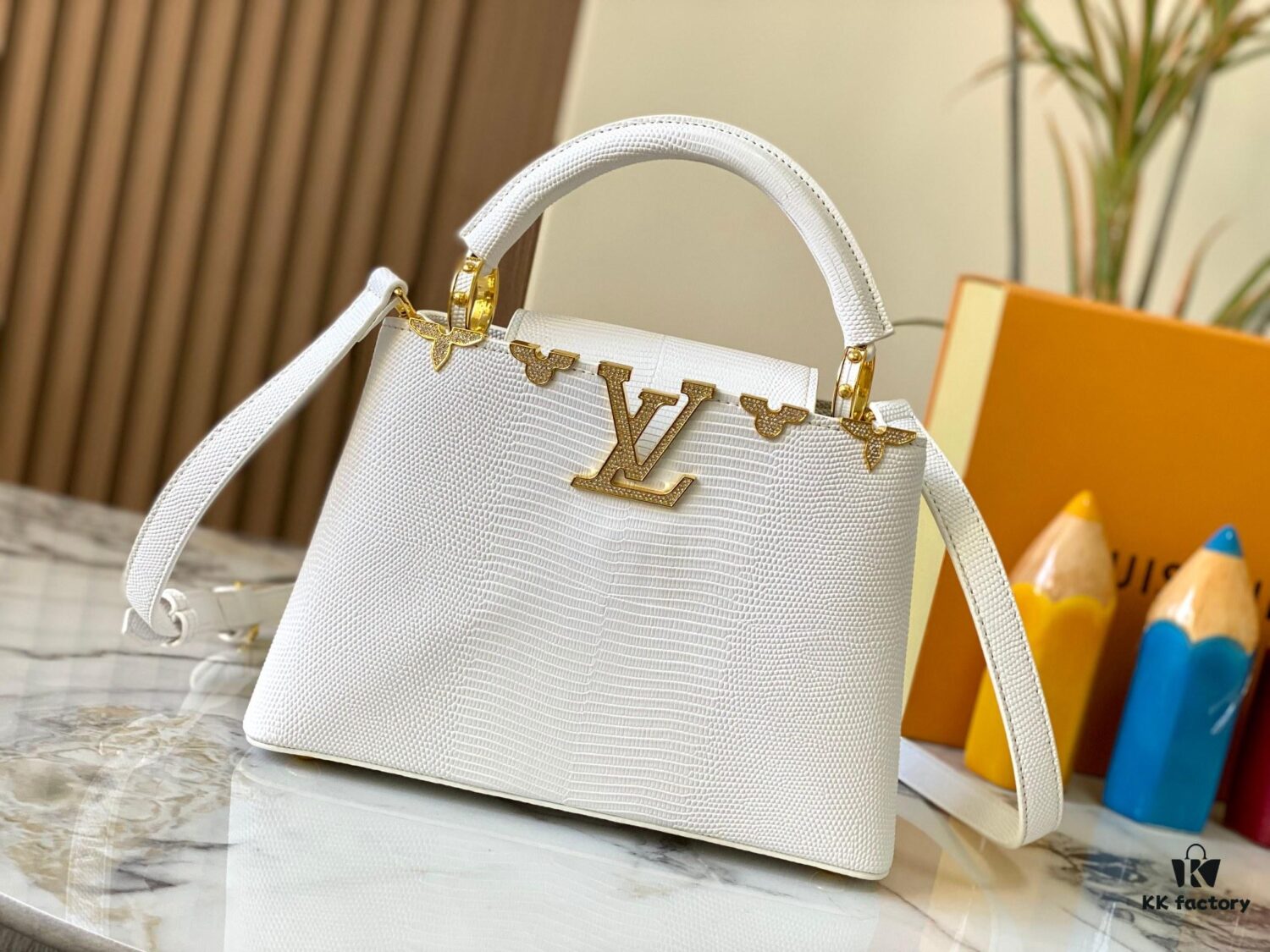69307d856e68136f4d9a723a Top Quality Guangzhou Original M12297 White Lizard Skin with Gold Diamond Crown Triangle Capucines BB Bag