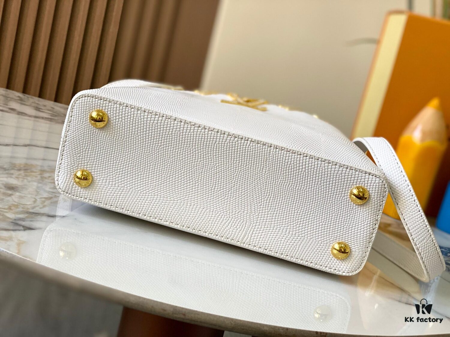 69307d856e68136f4d9a723b Top Quality Guangzhou Original M12297 White Lizard Skin with Gold Diamond Crown Triangle Capucines BB Bag