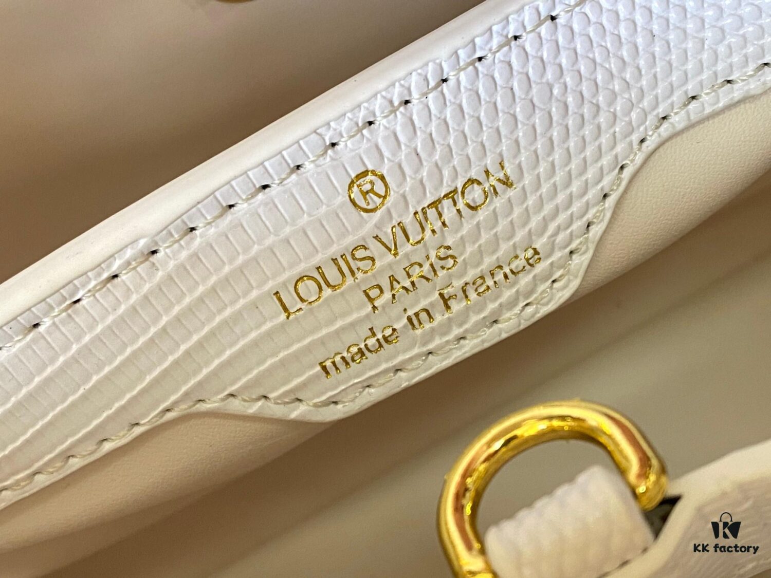 69307d8b6e68136f4d9a7240 Top Quality Guangzhou Original M12297 White Lizard Skin with Gold Diamond Crown Triangle Capucines BB Bag