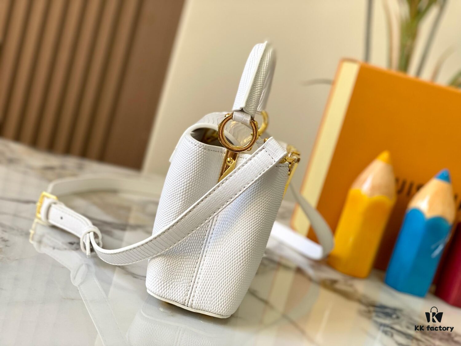 69307d8b6e68136f4d9a7241 Top Quality Original Guangzhou M12296 White Lizard Skin with Gold Diamond Crown Capucines Mini Bag