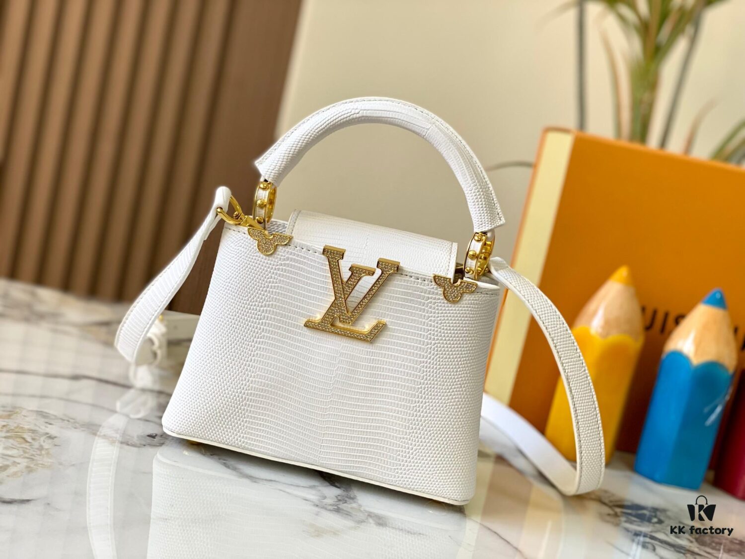 69307d8c6e68136f4d9a7243 Top Quality Original Guangzhou M12296 White Lizard Skin with Gold Diamond Crown Capucines Mini Bag