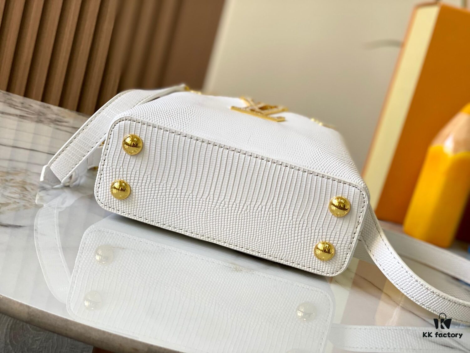69307d8f6e68136f4d9a7245 Top Quality Original Guangzhou M12296 White Lizard Skin with Gold Diamond Crown Capucines Mini Bag