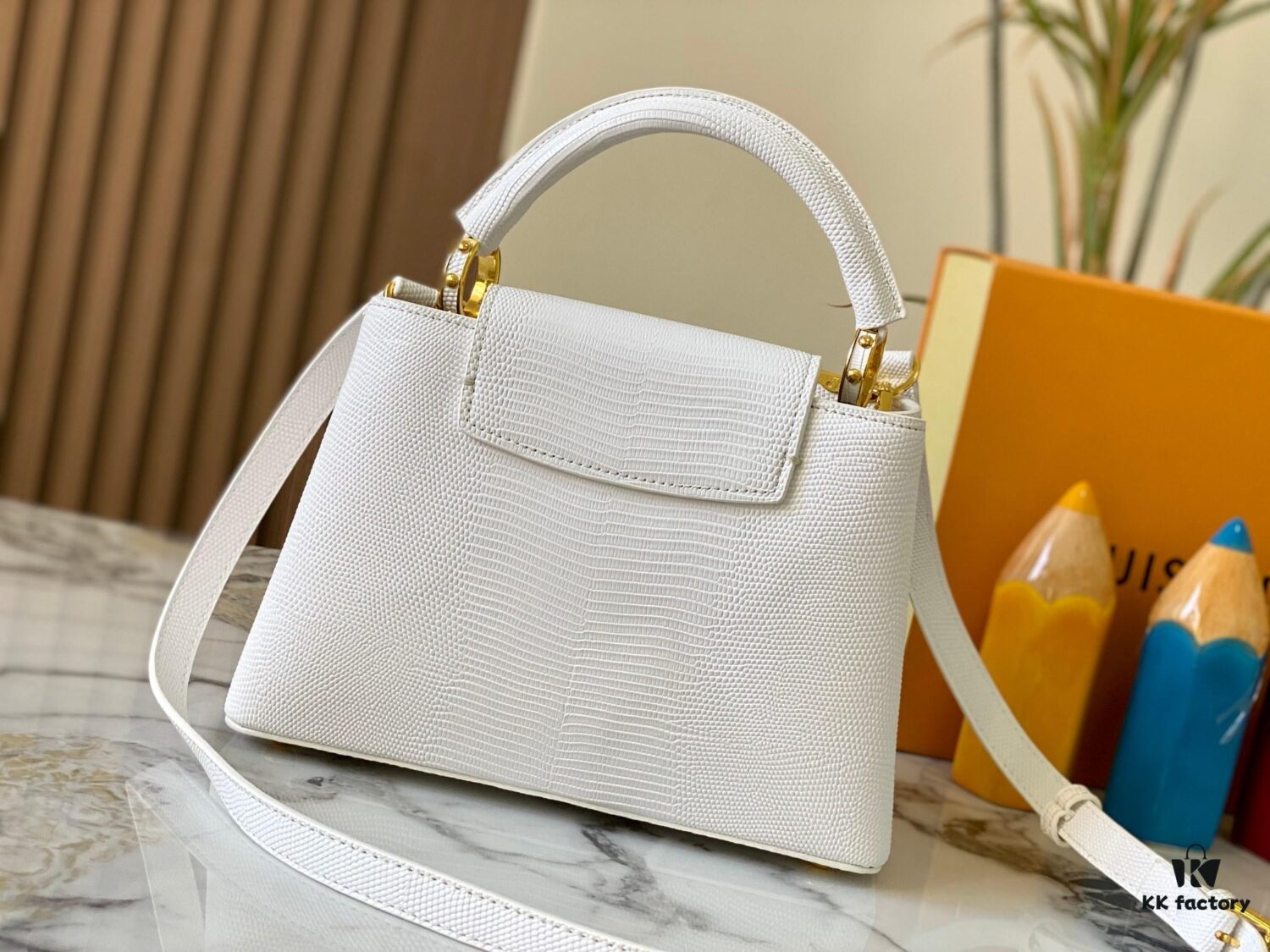 69307d916e68136f4d9a724d Top Quality Guangzhou Original M12297 White Lizard Skin with Gold Diamond Crown Triangle Capucines BB Bag