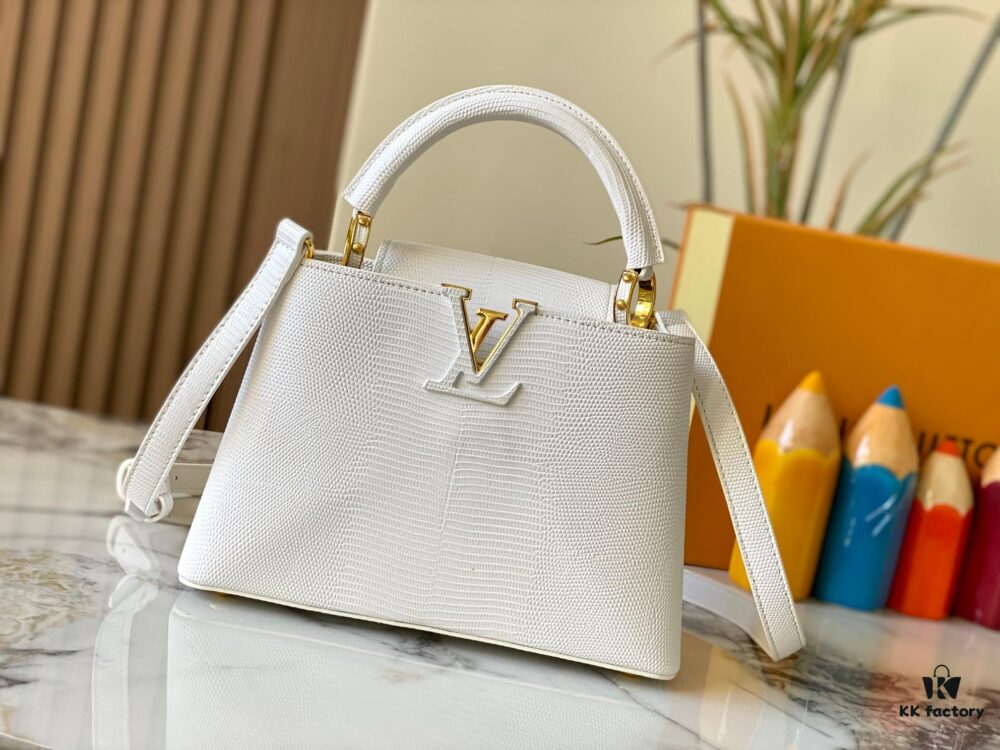 69307dfc6e68136f4d9a7323 Top Quality Original Guangzhou M99528 White Lizard Skin Gold Buckle Capucines BB Handbag