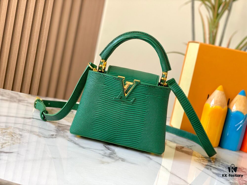 69307e236e68136f4d9a7365 Top Quality Original Guangzhou M99527 Green Lizard Leather Mini Capucines Bag with Gold Hardware