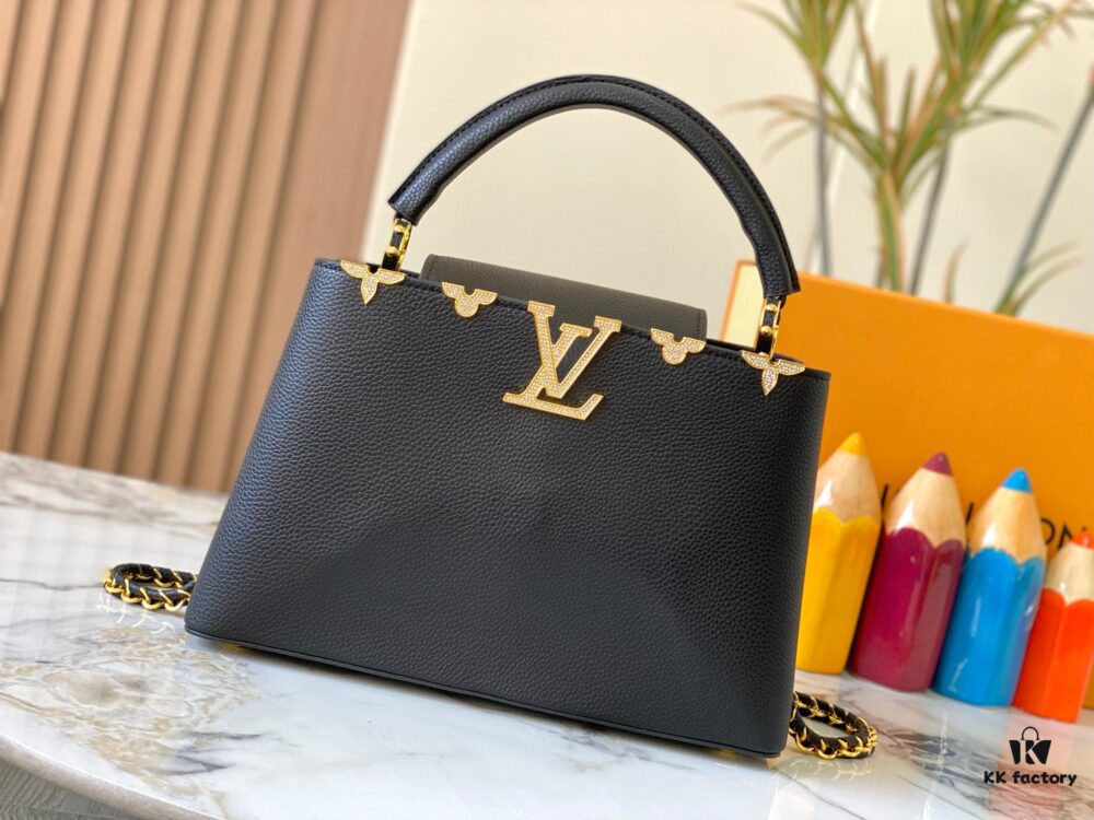 Top Quality Original Guangzhou Version M24585 Black and Gold Diamond Flower Crown Capucines Handbag