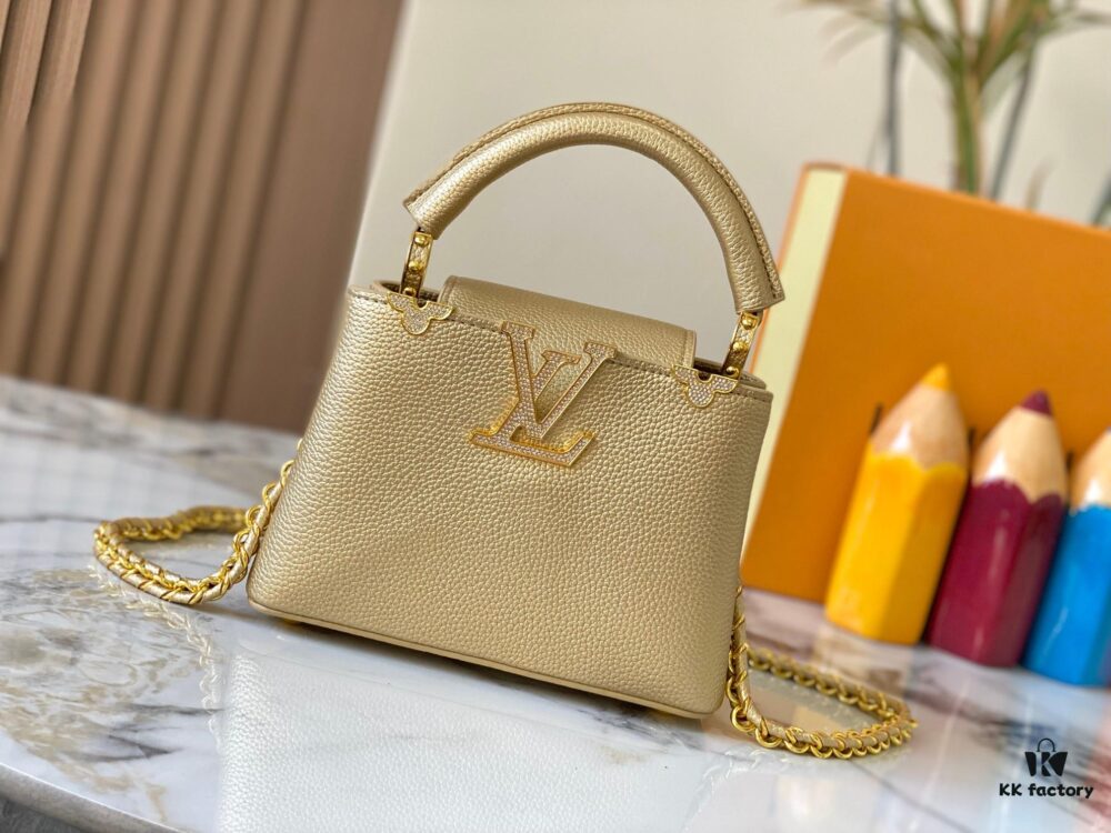 69307f036e68136f4d9a74da Top Quality Original Guangzhou M24583 Gold-Tone Flower Crown Capucines Bag