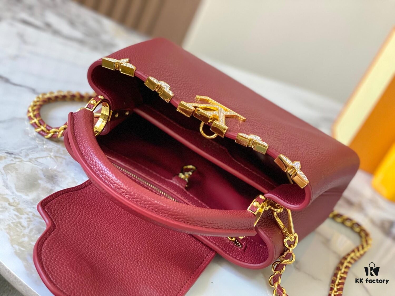 69307f146e68136f4d9a74f2 Top Quality Original Guangzhou Version M24584 Burgundy and Gold Crystal Flower Crown Capucines Handbag