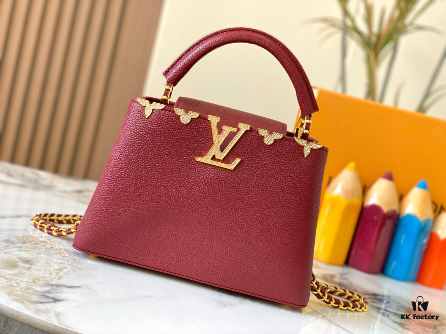 69307f166e68136f4d9a74f9 Top Quality Original Guangzhou Version M24584 Burgundy and Gold Crystal Flower Crown Capucines Handbag
