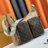 Upgraded Model M12697 Full Leather Khaki Monogram Bag, Fabric Material, Classic Canvas with Wide Adjustable Strap, Magnetic Closure Dual Pockets on Both Sides