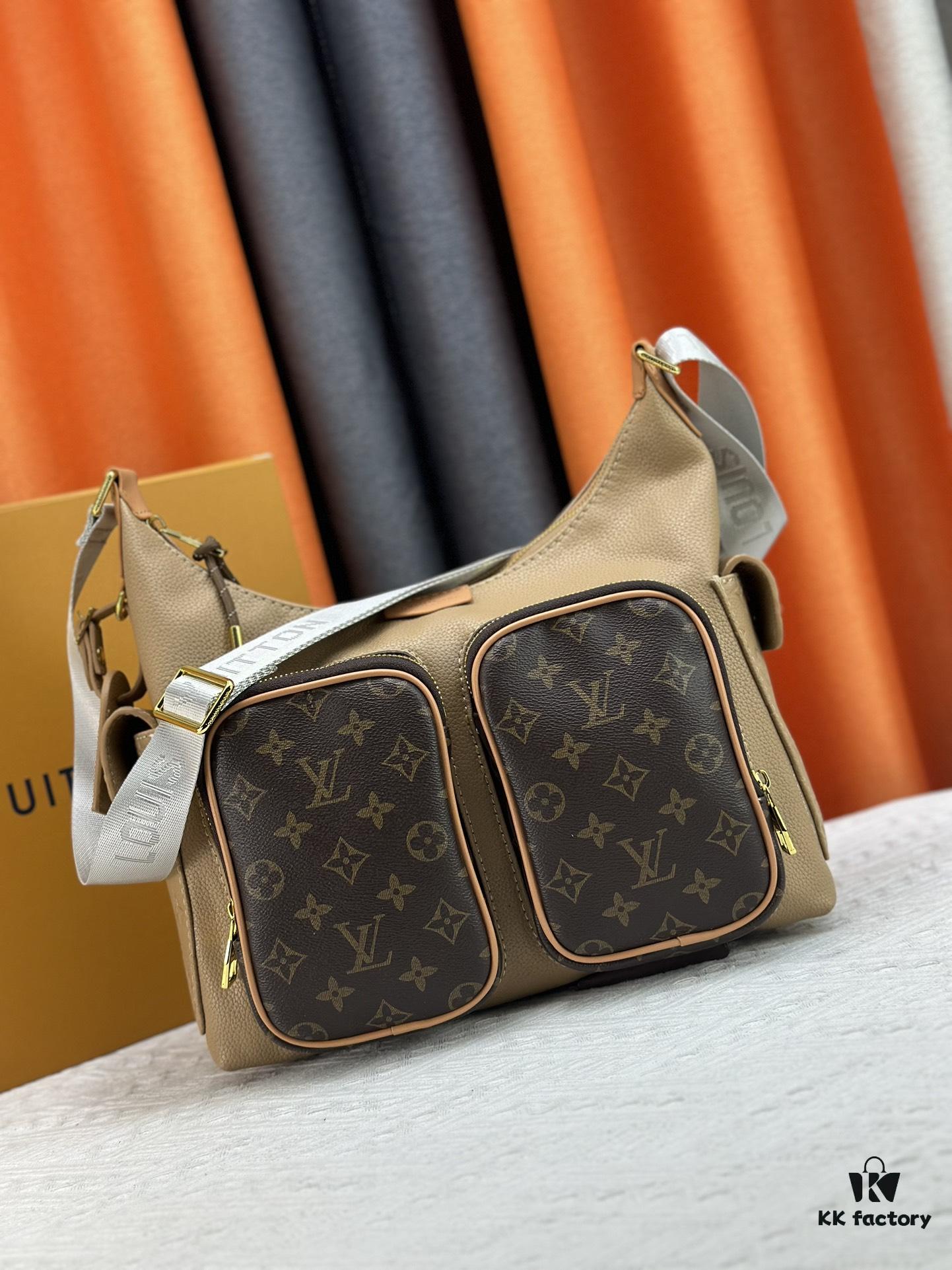Upgraded Model M12697 Full Leather Khaki Monogram Bag, Fabric Material, Classic Canvas with Wide Adjustable Strap, Magnetic Closure Dual Pockets on Both Sides