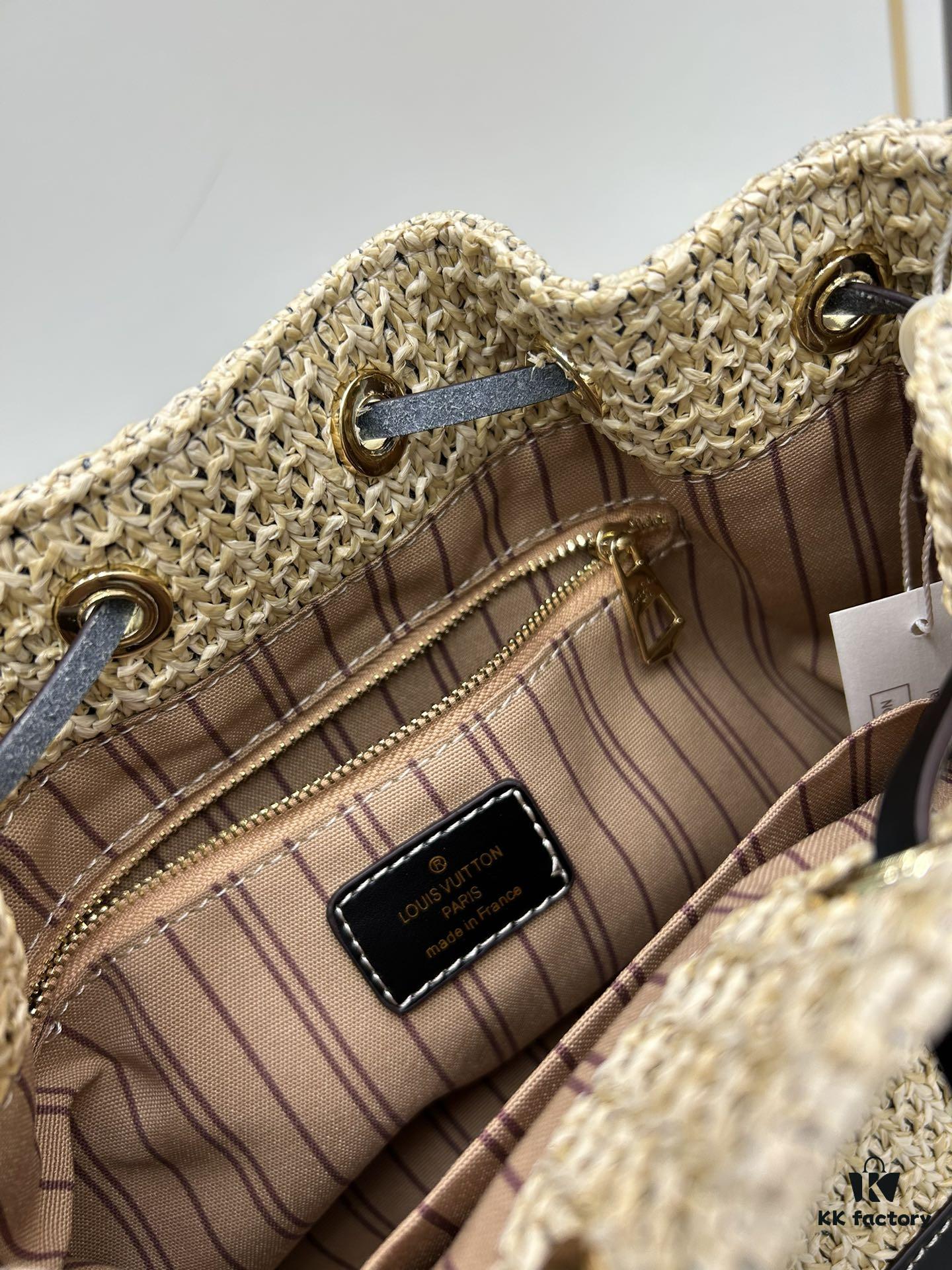 693083416e68136f4d9a7de0 New Large Batch LV NOE PURSE Bucket Handbag with Raffia and Leather Trim