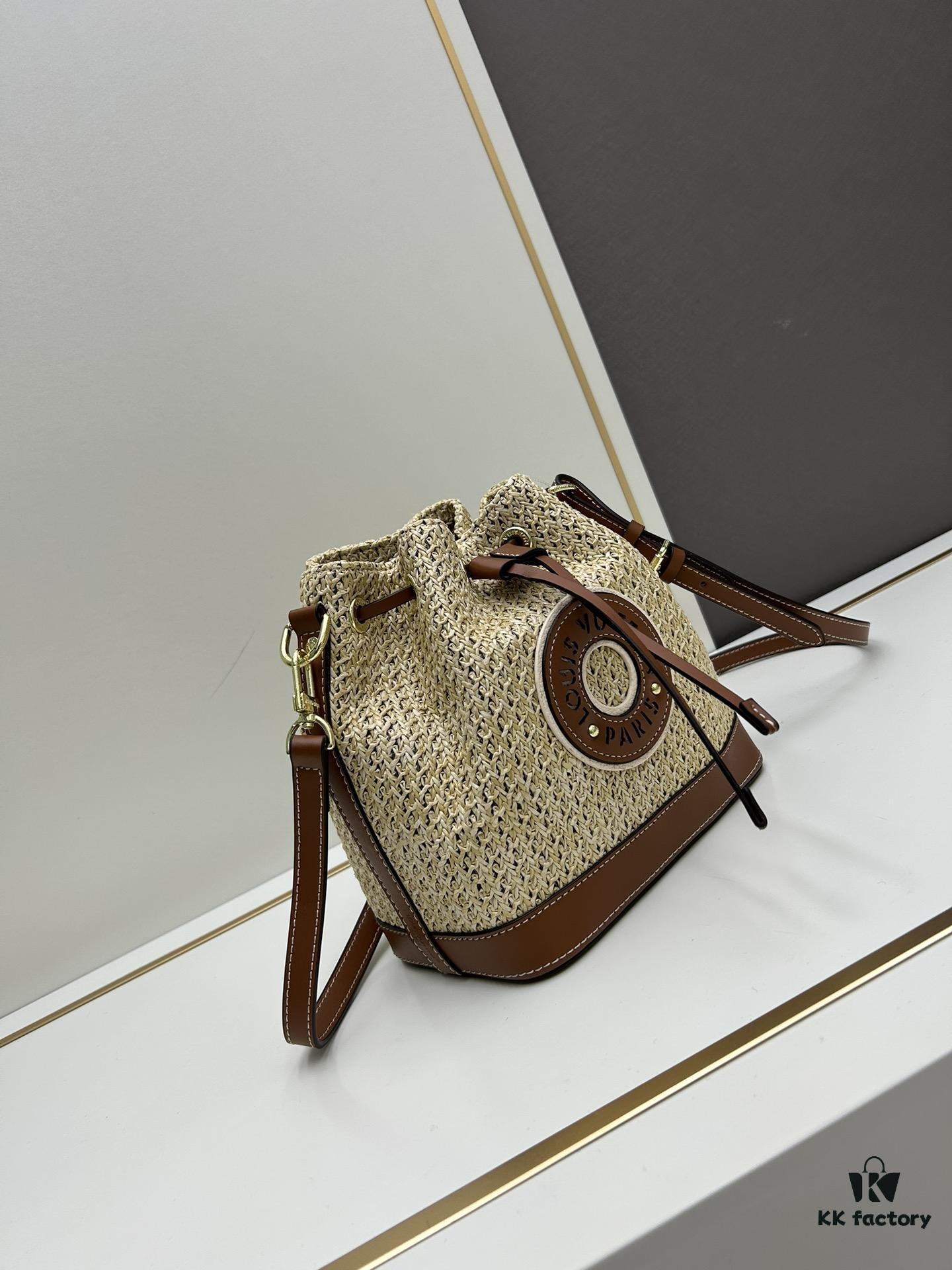 693083416e68136f4d9a7de1 New Large Batch LV NOE PURSE Bucket Handbag in Raffia with Leather Trim 'Mini Dumpling'