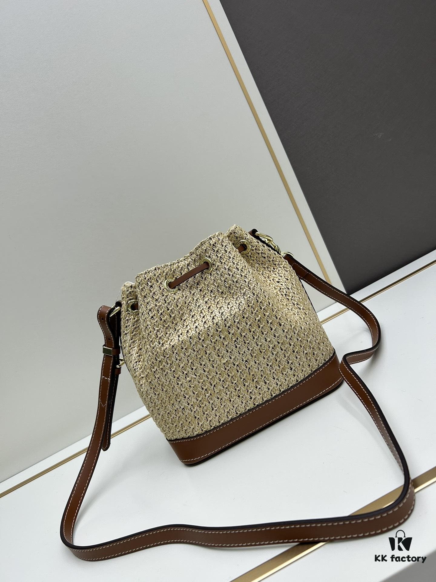 693083436e68136f4d9a7de5 New Large Batch LV NOE PURSE Bucket Handbag in Raffia with Leather Trim 'Mini Dumpling'