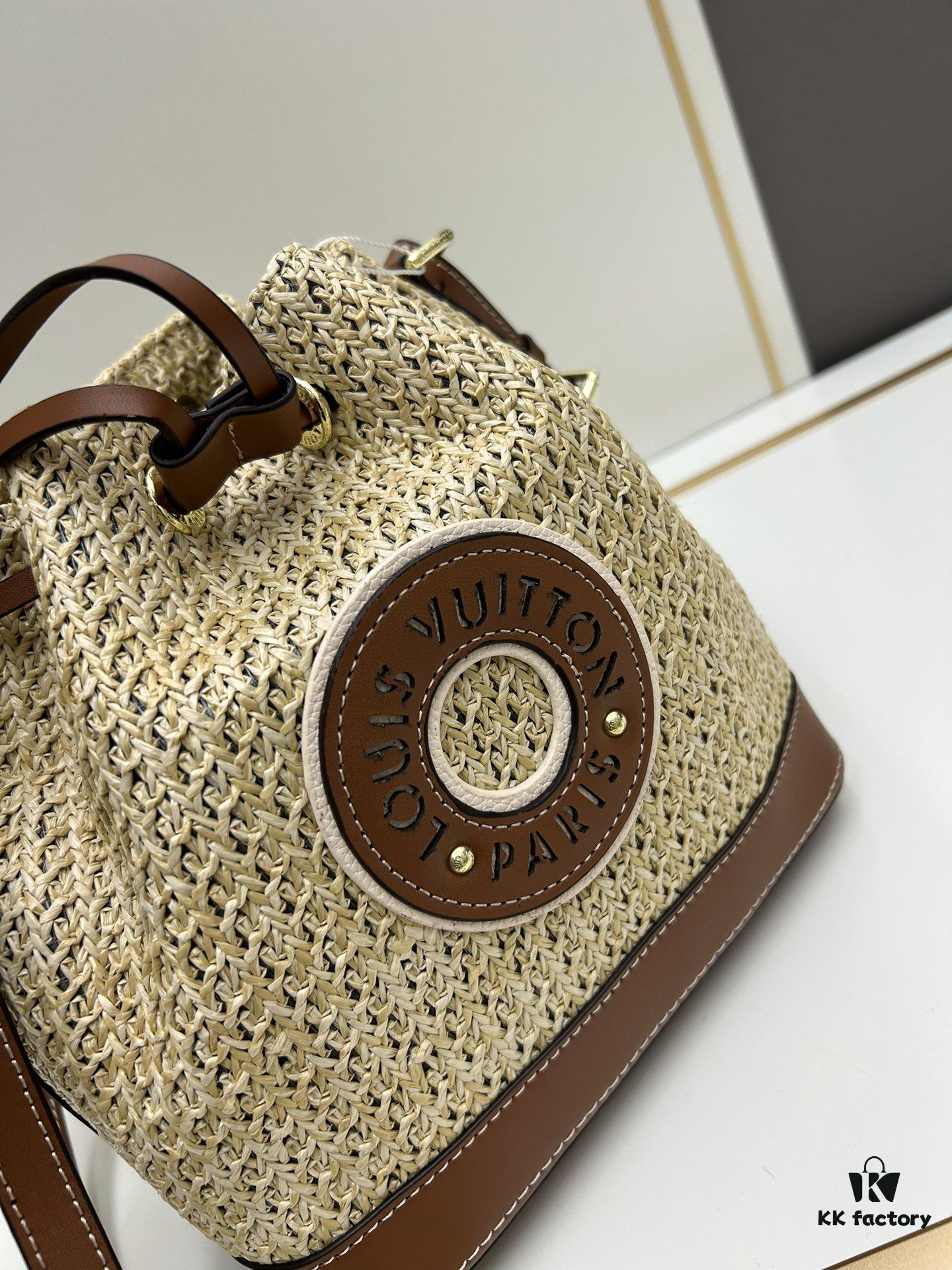 693083436e68136f4d9a7de6 New Large Batch LV NOE PURSE Bucket Handbag in Raffia with Leather Trim 'Mini Dumpling'