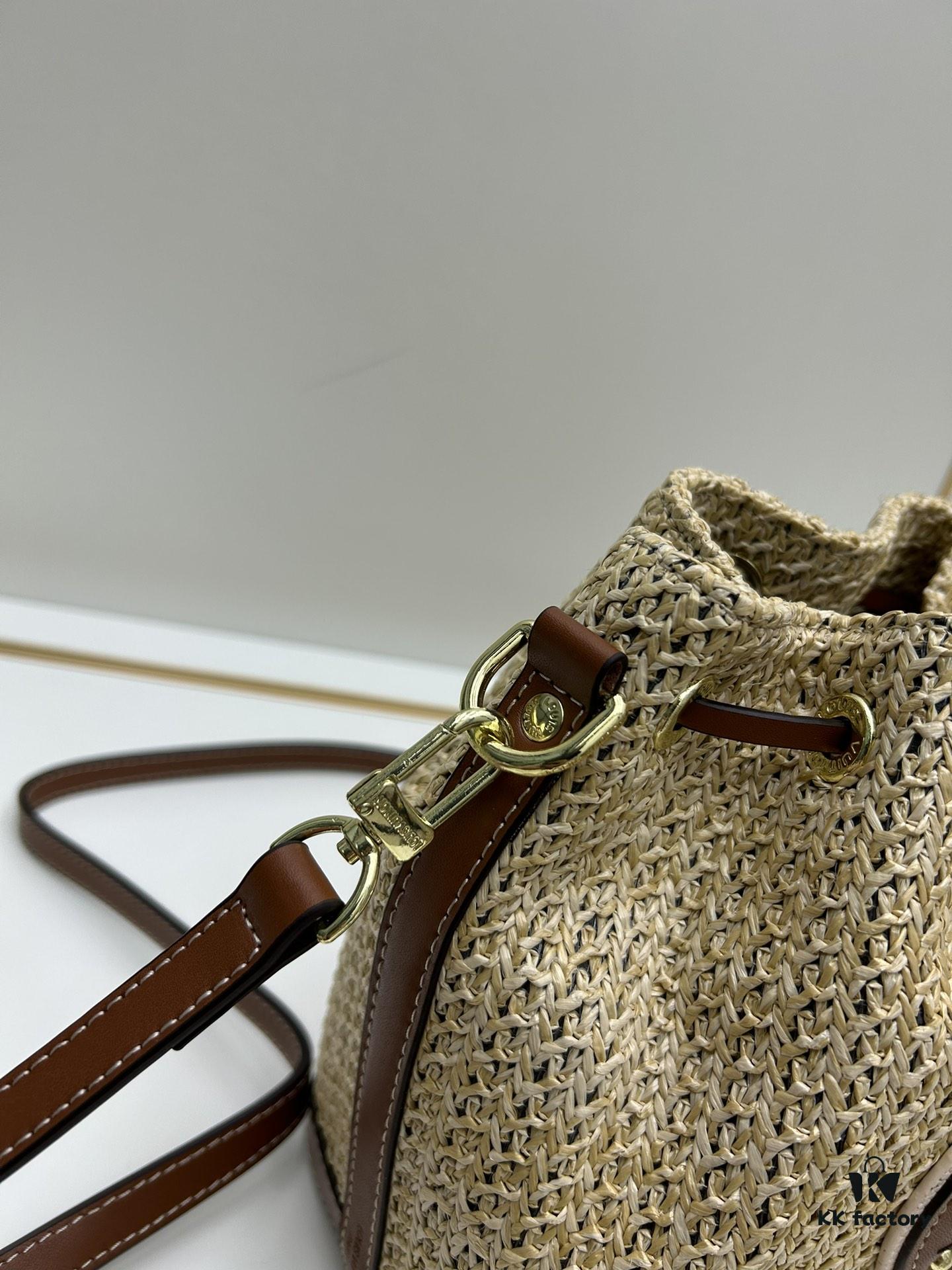 693083446e68136f4d9a7de7 New Large Batch LV NOE PURSE Bucket Handbag in Raffia with Leather Trim 'Mini Dumpling'