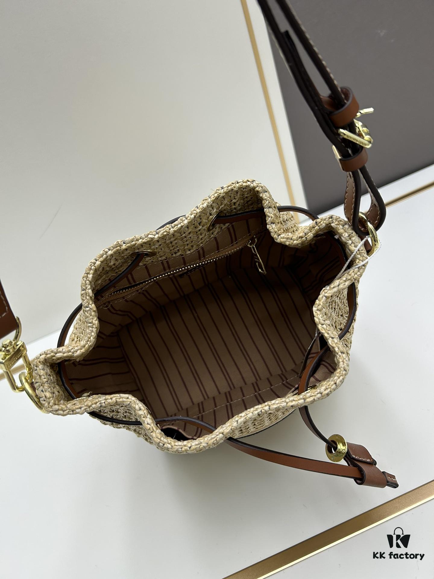 693083456e68136f4d9a7de8 New Large Batch LV NOE PURSE Bucket Handbag in Raffia with Leather Trim 'Mini Dumpling'