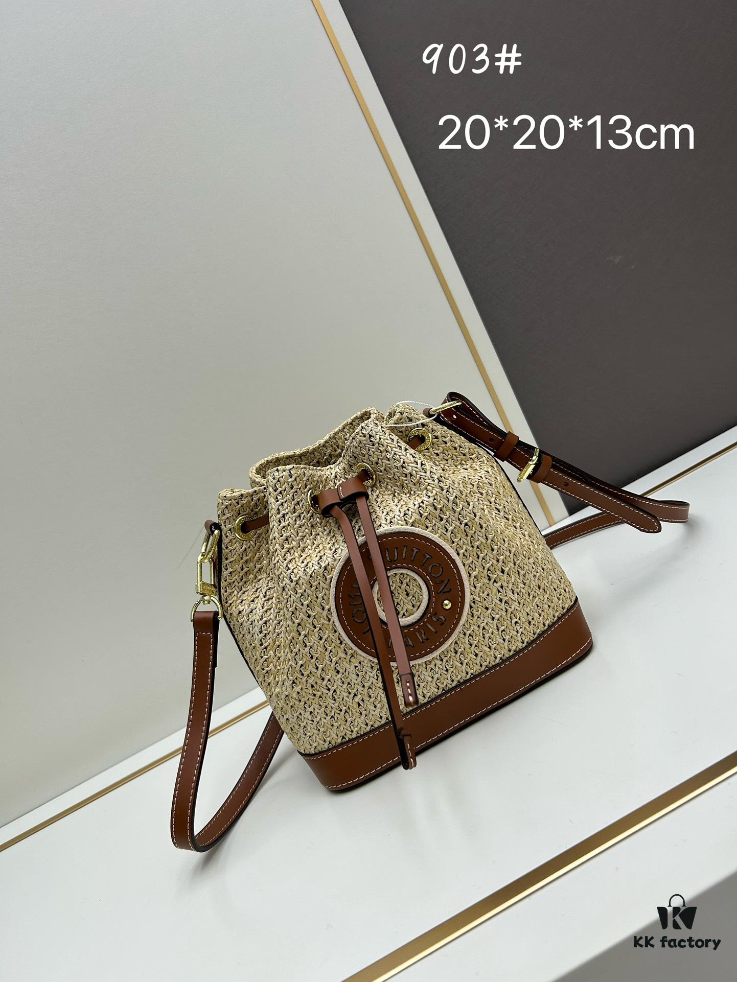 693083466e68136f4d9a7dea New Large Batch LV NOE PURSE Bucket Handbag in Raffia with Leather Trim 'Mini Dumpling'