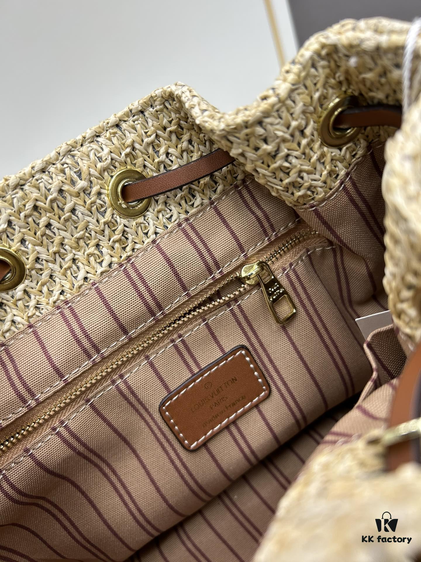 693083466e68136f4d9a7deb New Large Batch LV NOE PURSE Bucket Handbag in Raffia with Leather Trim 'Mini Dumpling'