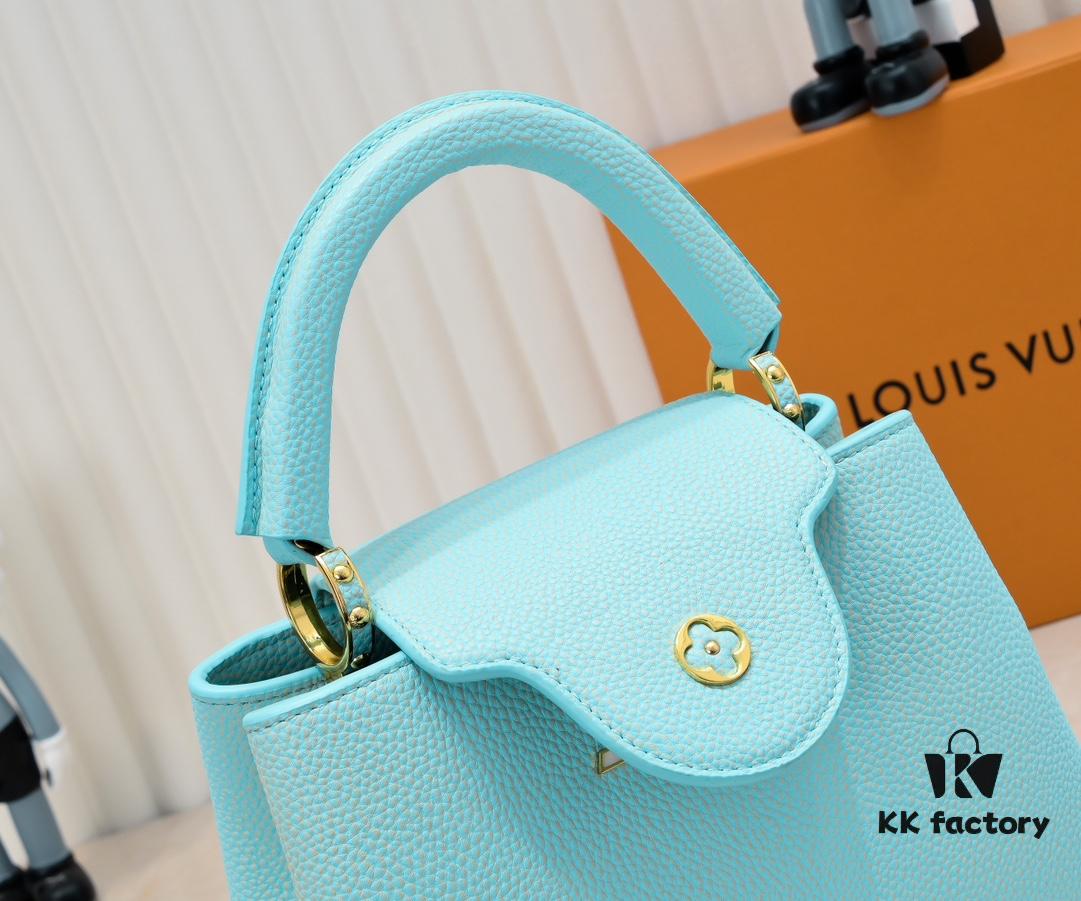 Upgraded M59868 Stellar Pearl Green Shell Button Capucines BB Handbag