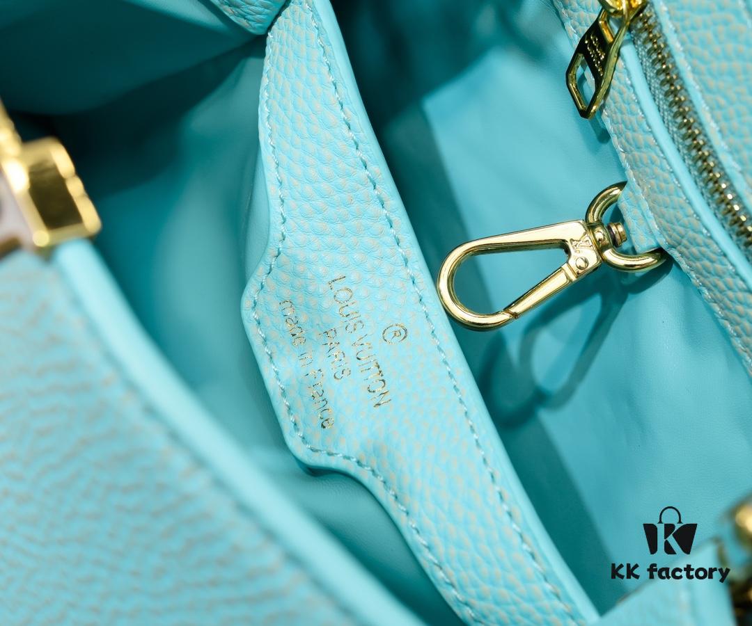 Upgraded M59868 Stellar Pearl Green Shell Button Capucines BB Handbag