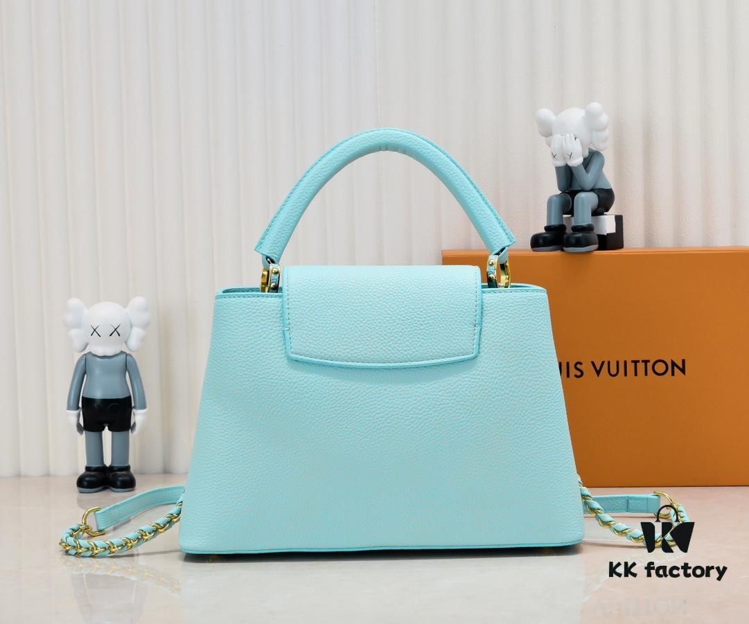 6930860e6e68136f4d9a842f Upgraded M20841 Stellar Pearl Green Shell Button Capucines MM Handbag
