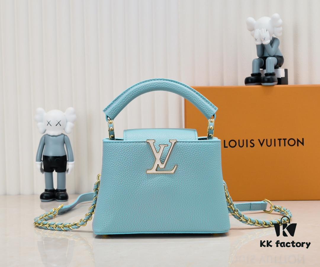 6930861d6e68136f4d9a8452 Upgraded M59850 Stellar Pearlized Blue Shell Button Capucines Mini Bag