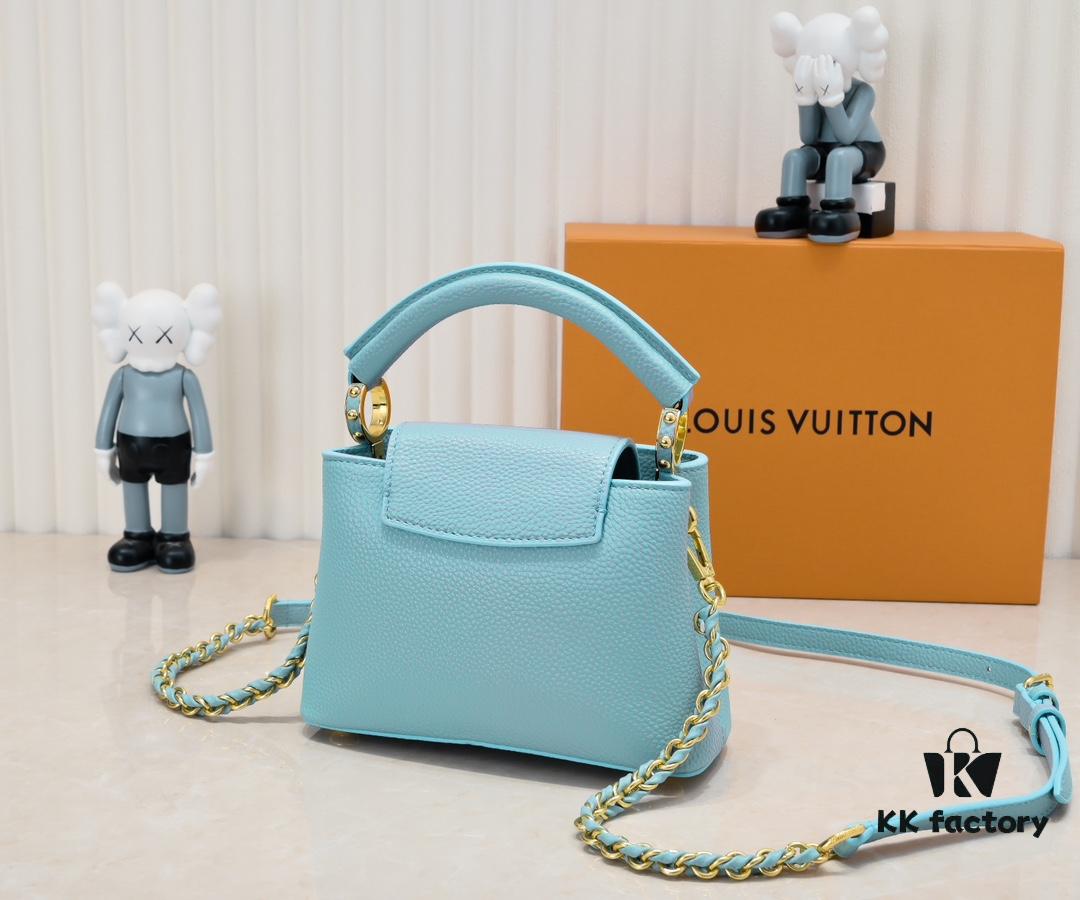 6930861e6e68136f4d9a8453 Upgraded M59850 Stellar Pearlized Blue Shell Button Capucines Mini Bag