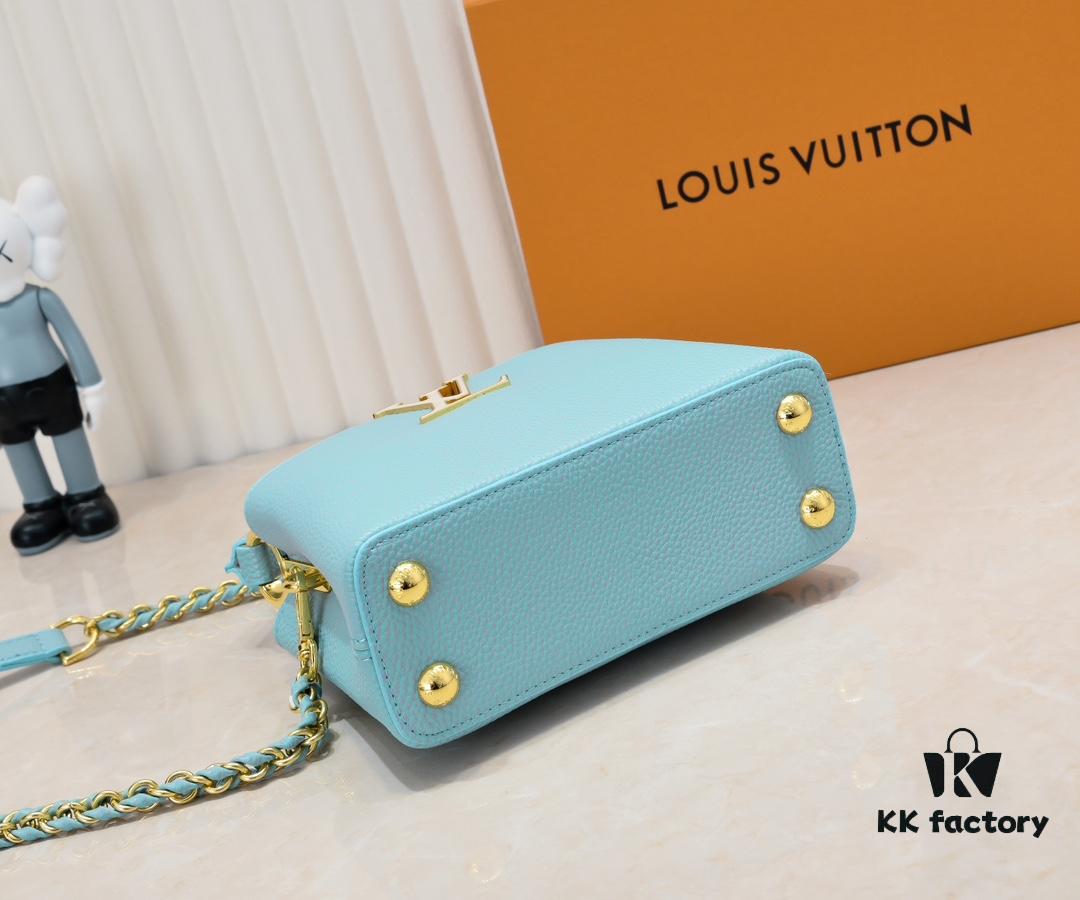 6930861e6e68136f4d9a8454 Upgraded M59850 Stellar Pearlized Blue Shell Button Capucines Mini Bag