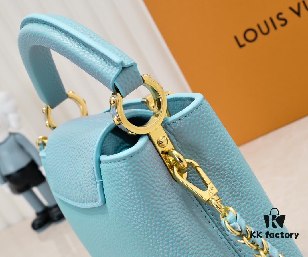 6930861f6e68136f4d9a8455 Upgraded M59850 Stellar Pearlized Blue Shell Button Capucines Mini Bag