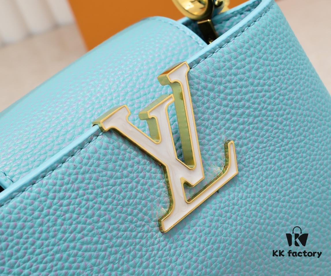 693086206e68136f4d9a8456 Upgraded M59850 Stellar Pearlized Blue Shell Button Capucines Mini Bag