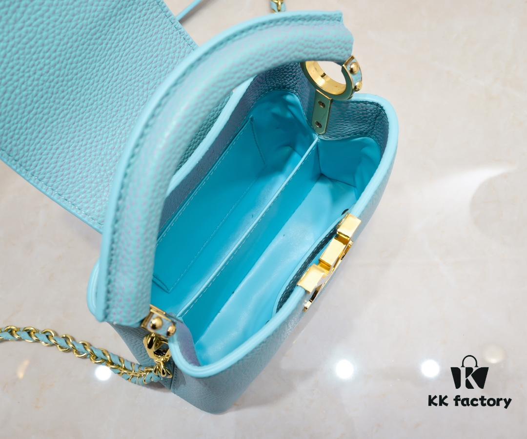 693086216e68136f4d9a8458 Upgraded M59850 Stellar Pearlized Blue Shell Button Capucines Mini Bag