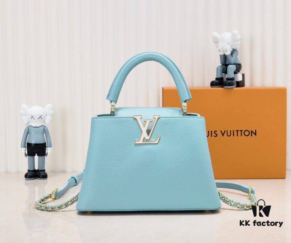 Upgraded M59868 Stellar Pearl Blue Shell Button Capucines BB Bag