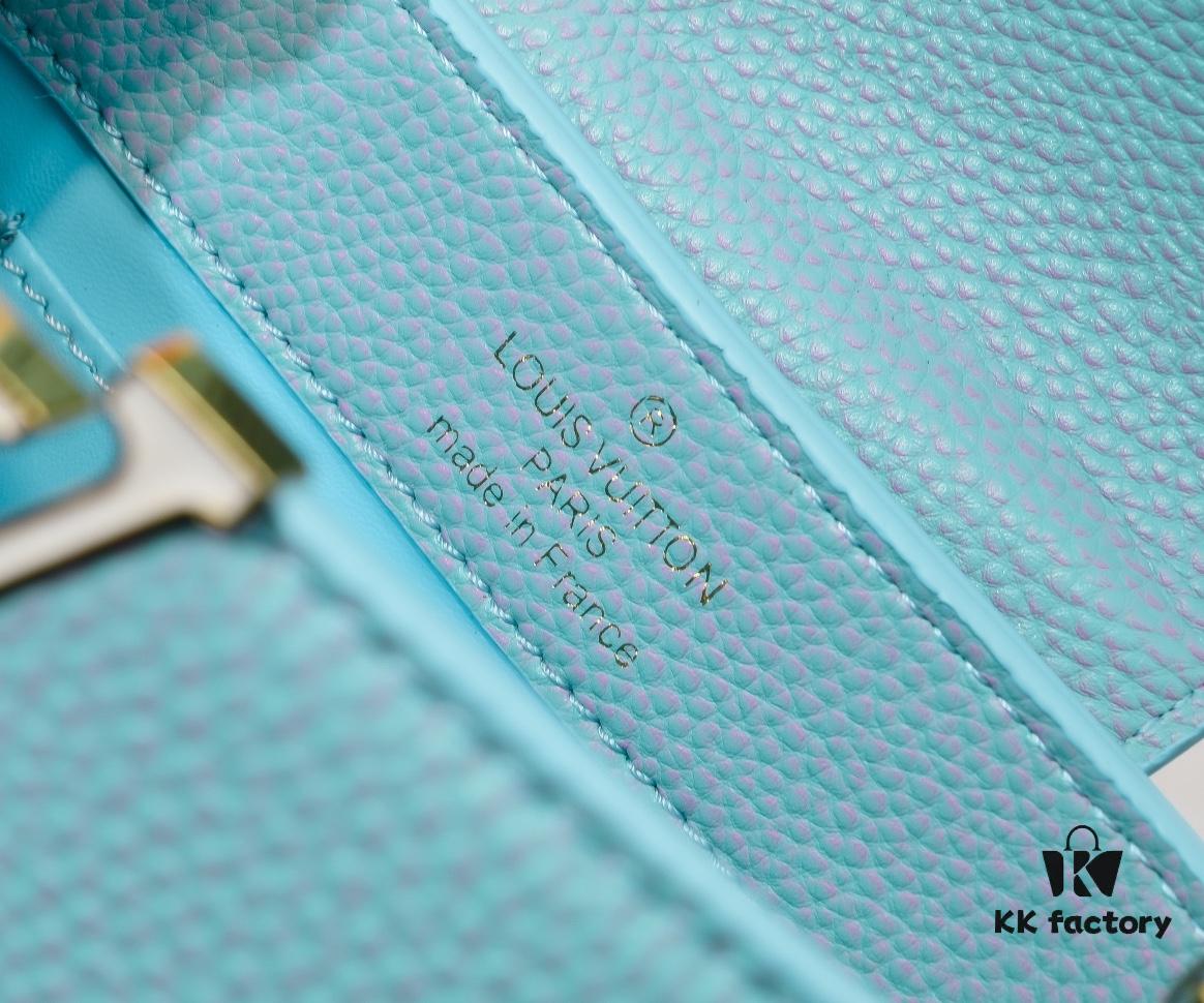 693086226e68136f4d9a845c Upgraded M59850 Stellar Pearlized Blue Shell Button Capucines Mini Bag