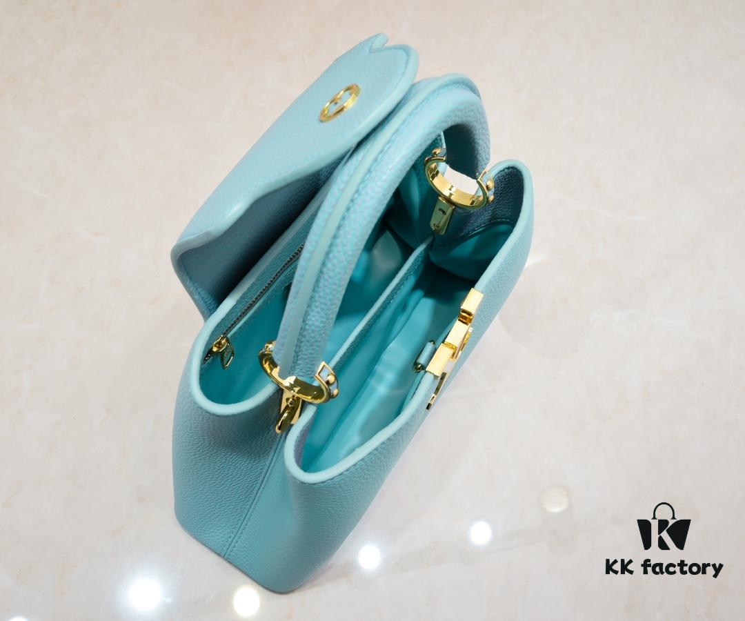 Upgraded M59868 Stellar Pearl Blue Shell Button Capucines BB Bag