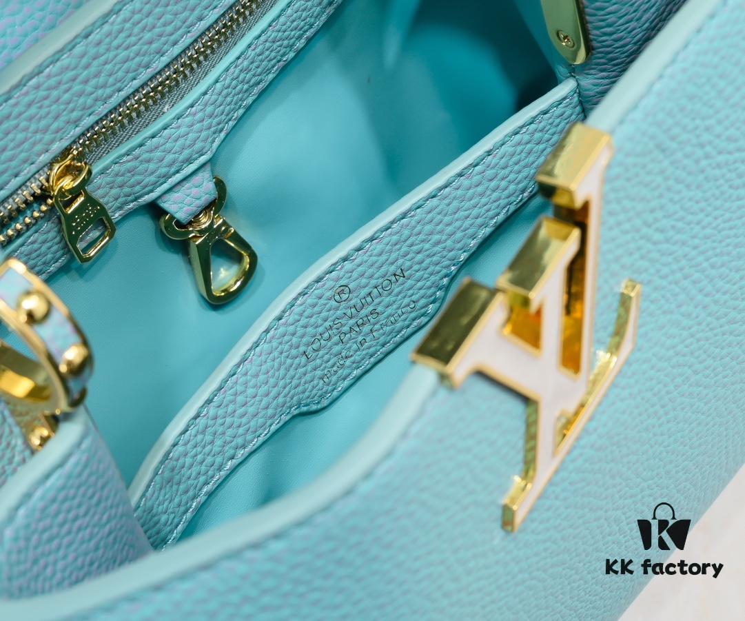 Upgraded M59868 Stellar Pearl Blue Shell Button Capucines BB Bag