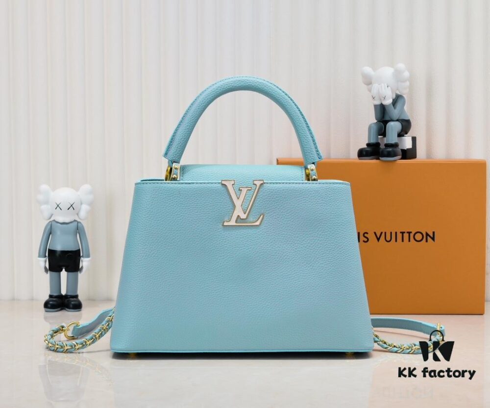 693086266e68136f4d9a8463 Upgraded M20841 Stellar Pearl Blue Shell Button Capucines MM Handbag