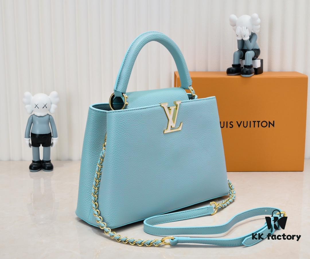Upgraded M20841 Stellar Pearl Blue Shell Button Capucines MM Handbag