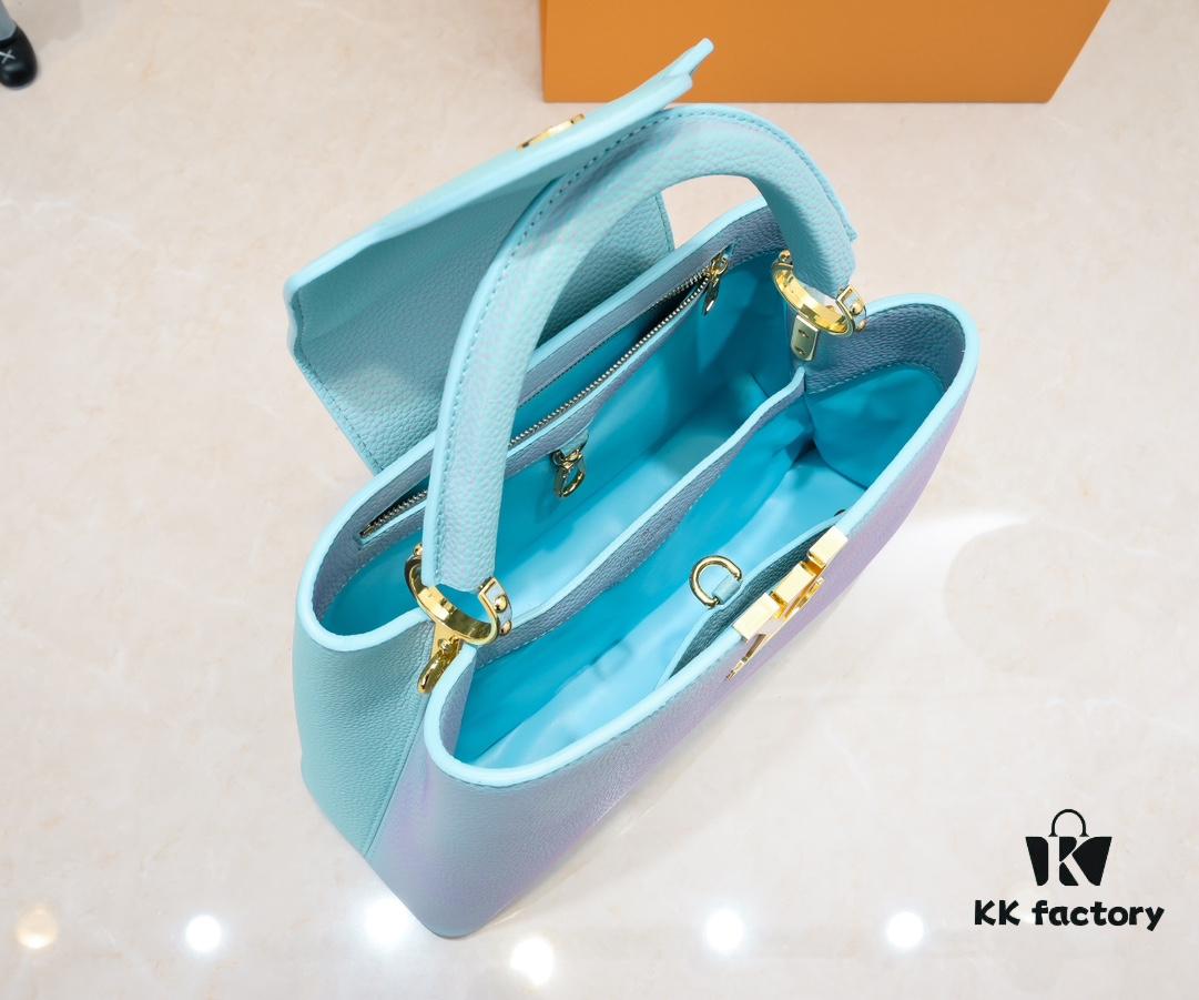 Upgraded M20841 Stellar Pearl Blue Shell Button Capucines MM Handbag