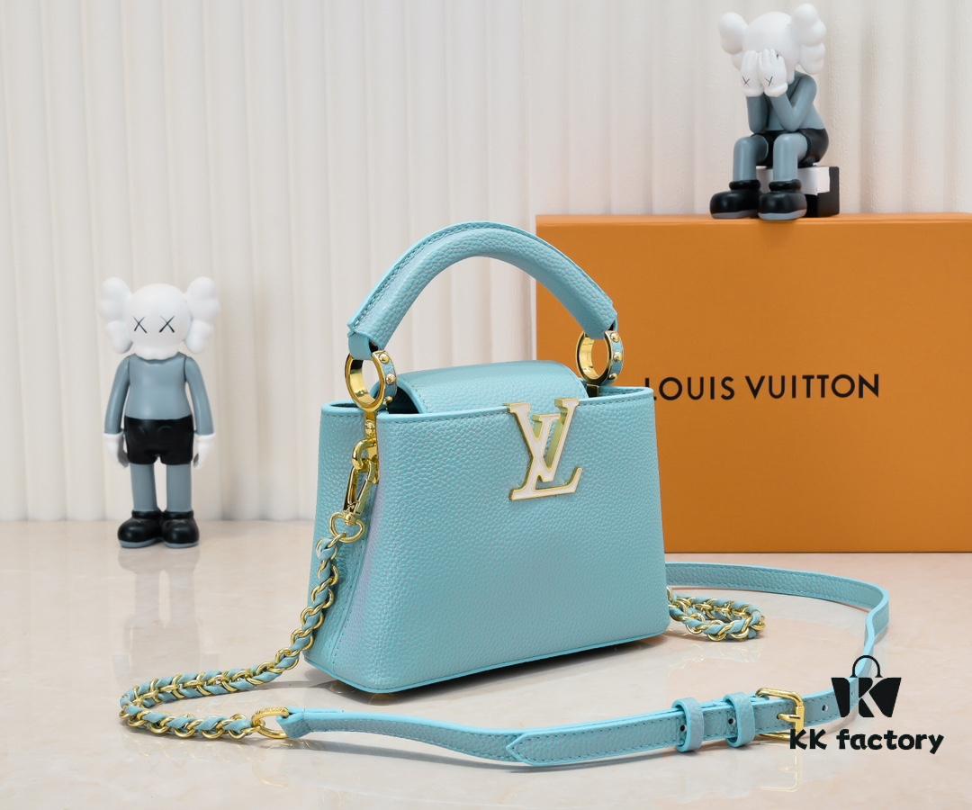 6930862b6e68136f4d9a8470 Upgraded M59850 Stellar Pearlized Blue Shell Button Capucines Mini Bag